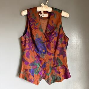 Vintage PIA RICCI Women's 10 Brown/Purple Floral 100% Linen Vest Lined Boho